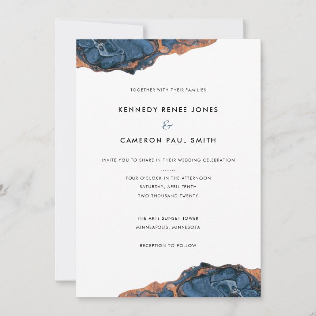 Hand Painted Blue Marble Custom Wedding Invitation (Front)