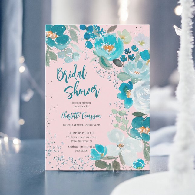 Hand Painted Blue pink Floral Winter bridal shower Invitation (Hand Painted Blue pink Floral Winter bridal shower Invitation)
