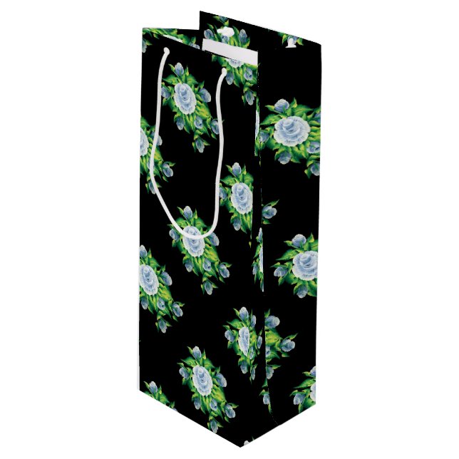 Hand Painted Blue Roses Wine Bag (Front Angled)