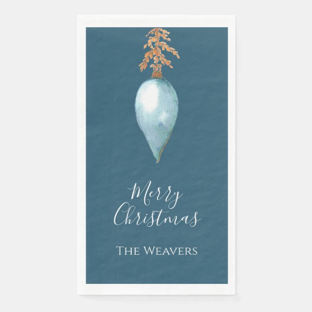 Hand Painted Blue Watercolor Custom Name Christmas Napkin (Front)