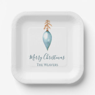 Hand Painted Blue Watercolor Personalise Christmas Paper Plate