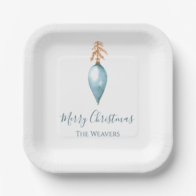 Hand Painted Blue Watercolor Personalise Christmas Paper Plate (Front)