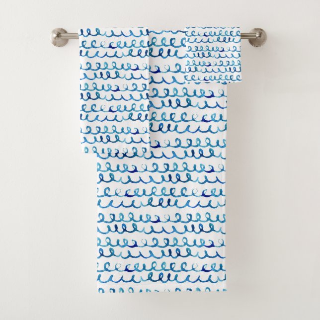 Hand Painted Blue Watercolor Wavy Pattern Bath Towel Set (Insitu)