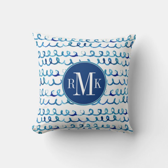 Hand Painted Blue Watercolor Wavy Pattern Cushion (Front)