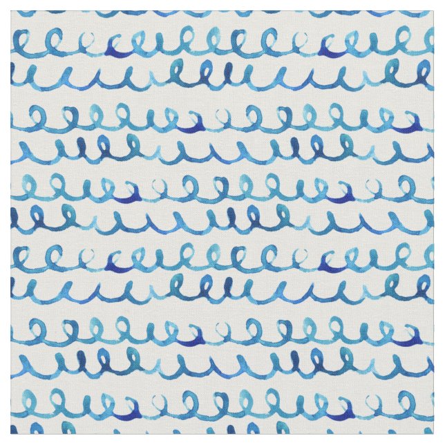 Hand Painted Blue Watercolor Wavy Pattern Fabric (Close Up)