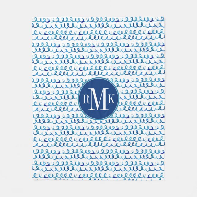 Hand Painted Blue Watercolor Wavy Pattern Fleece Blanket (Front)
