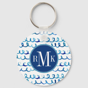 Hand Painted Blue Watercolor Wavy Pattern Key Ring