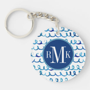 Hand Painted Blue Watercolor Wavy Pattern Key Ring