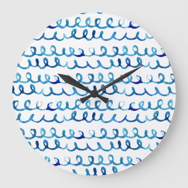Hand Painted Blue Watercolor Wavy Pattern Large Clock (Front)