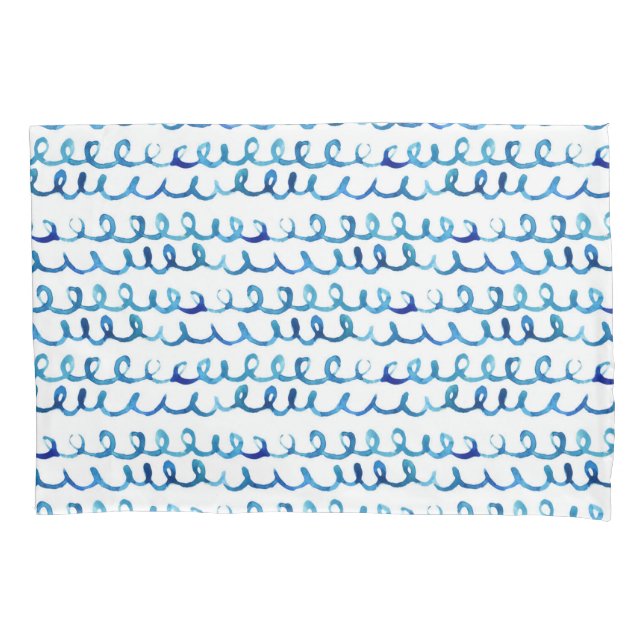 Hand Painted Blue Watercolor Wavy Pattern Pillowcase (Front-Left)