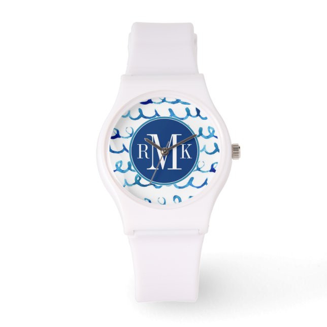 Hand Painted Blue Watercolor Wavy Pattern Watch (Front)