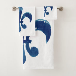 Hand Painted Blue White Fleur de Lis Watercolor Bath Towel Set