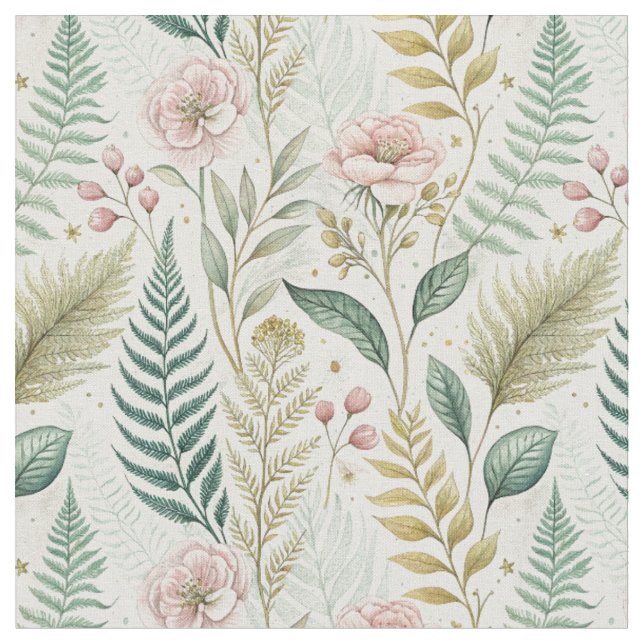 Hand-Painted Blush Floral Botanical Flower Pattern Fabric (Close Up)