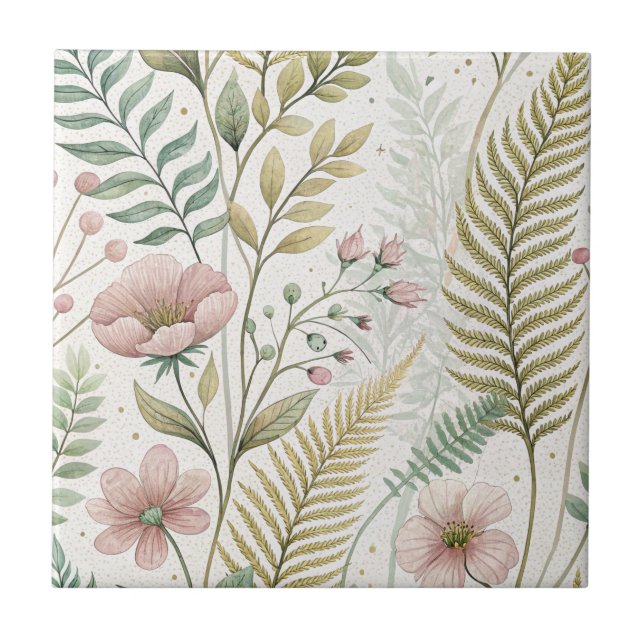Hand-Painted Blush Flower Botanical Floral Pattern Tile (Front)