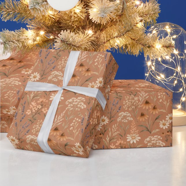 Hand-Painted Boho Terracotta Wildflowers Wrapping Paper (Holidays)