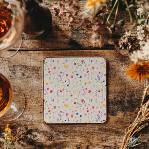 Hand-Painted Boho Wildflower Meadow Watercolor Square Paper Coaster