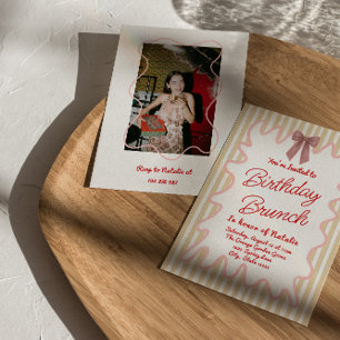 Hand Painted Bow Stripes Photo Birthday Brunch  Invitation