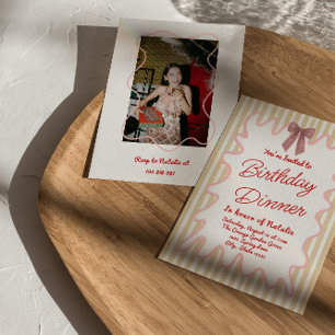 Hand Painted Bow Stripes Photo Birthday Dinner Invitation