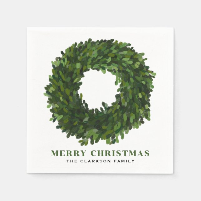 Hand Painted Boxwood Wreath Christmas Napkin (Front)