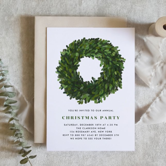 Hand Painted Boxwood Wreath Christmas Party Invitation (Creator Uploaded)