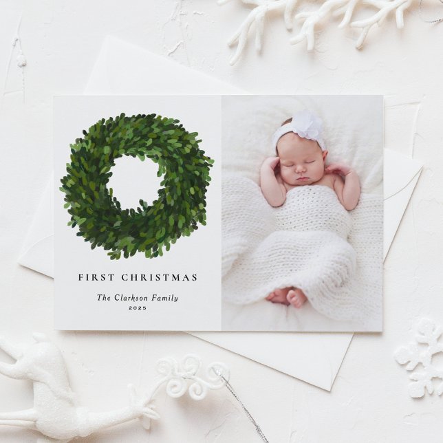 Hand Painted Boxwood Wreath First Christmas Photo Holiday Card (Creator Uploaded)