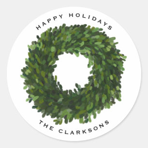 Hand Painted Boxwood Wreath Happy Holidays Classic Round Sticker