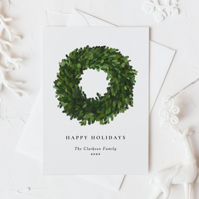 Hand Painted Boxwood Wreath Happy Holidays Holiday Postcard (Creator Uploaded)