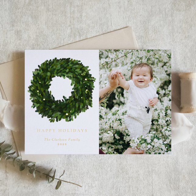 Hand Painted Boxwood Wreath Happy Holidays Photo Foil Holiday Card (Creator Uploaded)