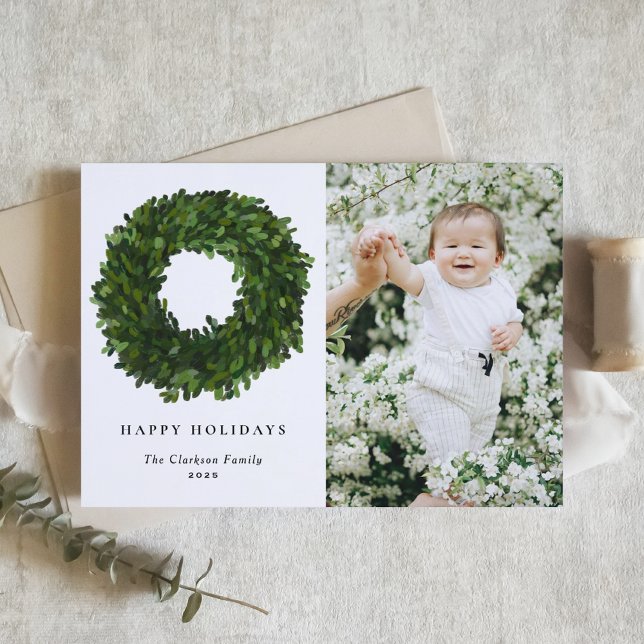 Hand Painted Boxwood Wreath Happy Holidays Photo Holiday Card (Creator Uploaded)