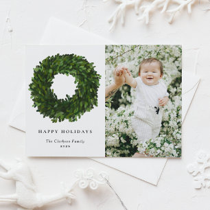 Hand Painted Boxwood Wreath Happy Holidays Photo Holiday Postcard