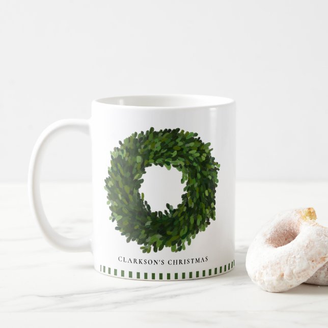 Hand Painted Boxwood Wreath Personalised Holiday Coffee Mug (With Donut)