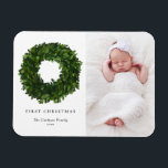 Hand Painted Boxwood Wreath Photo First Christmas Magnet<br><div class="desc">Celebrate the holiday spirit with our customisable photo Christmas magnet! Perfect for capturing your favourite festive moments, this magnet allows you to create a unique keepsake that showcases your family’s joy and love during the holiday season. This photo Christmas magnet features a handpainted boxwood wreath. Personalise by adding your details....</div>