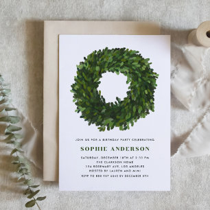 Hand Painted Boxwood Wreath Winter Birthday Party Invitation