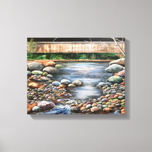 Hand Painted Brook Blue/Green Tranquil Forest Art Canvas Print (Front)
