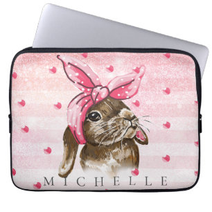 Hand painted Bunny with pink bow Personalized Laptop Sleeve