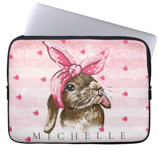 Hand painted Bunny with pink bow Personalized Laptop Sleeve (Front)