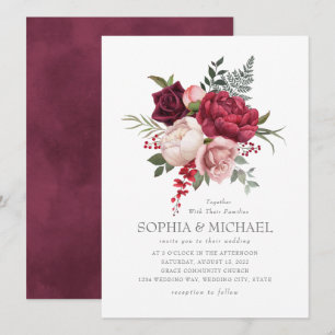 Hand Painted Burgundy Rose Floral Silver Script Invitation