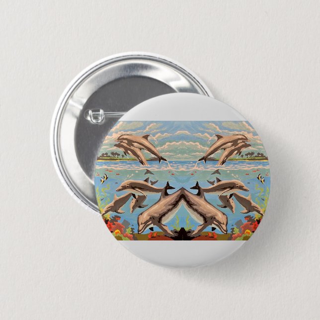 Hand Painted By Number | Playful Dolphins | 6 Cm Round Badge (Front & Back)