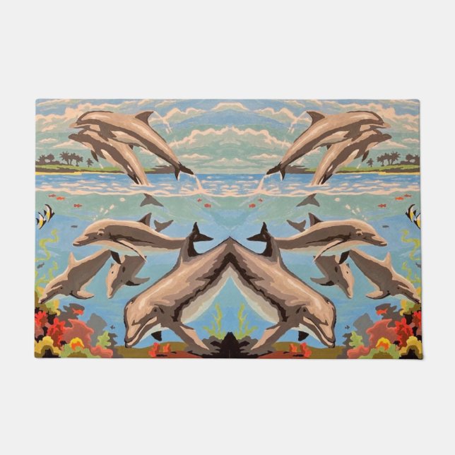 Hand Painted By Number | Playful Dolphins | Doormat (Front)