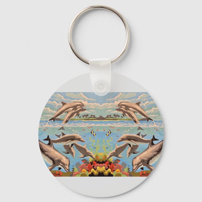 Hand Painted By Number | Playful Dolphins | Key Ring (Front)