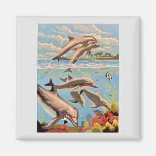Hand Painted By Number Playful Dolphins Office Magnet