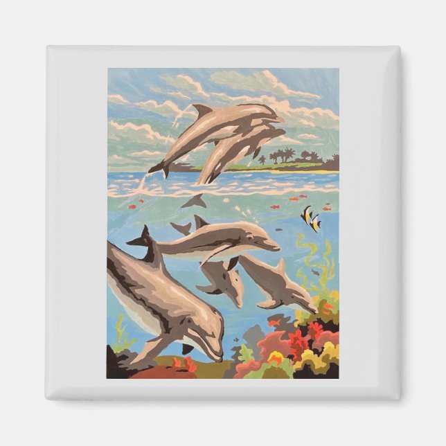 Hand Painted By Number | Playful Dolphins | Office Magnet (Front)