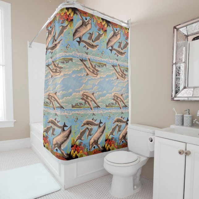 Hand Painted By Number | Playful Dolphins | Shower Curtain (In Situ)