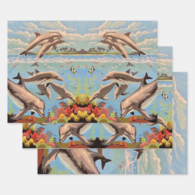 Hand Painted By Number | Playful Dolphins | Wrapping Paper Sheet (Set)
