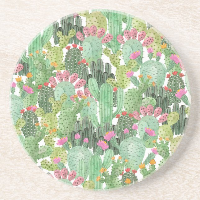 Hand Painted Cactus: Desert Green Coaster (Front)
