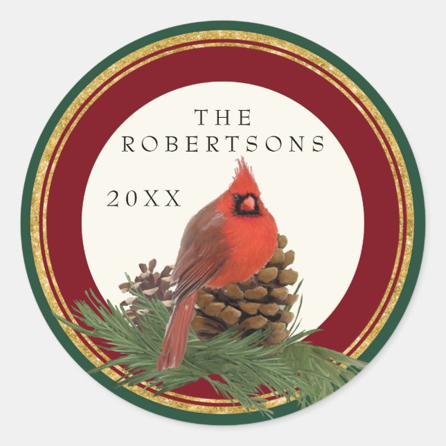 Hand Painted Cardinal Pine Cone Personalised Names Classic Round Sticker (Front)