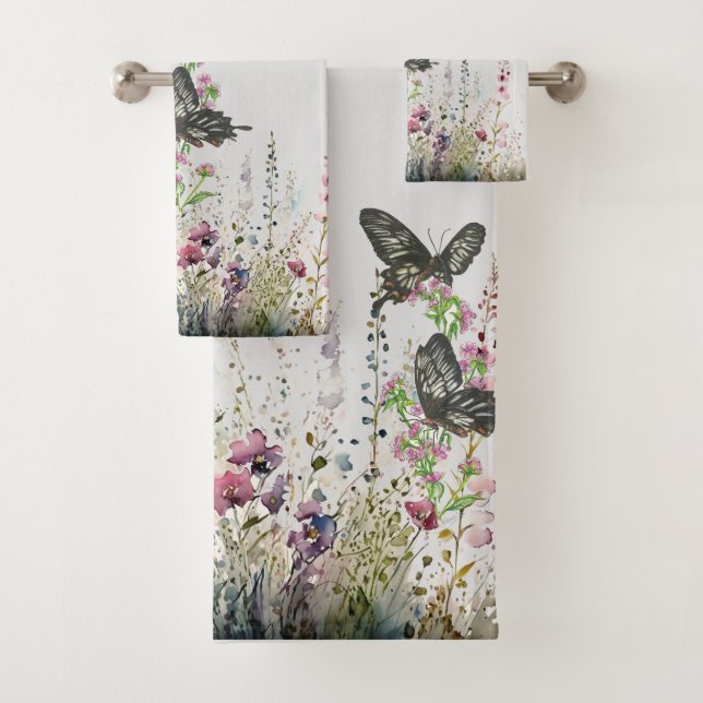 Hand-Painted Ceylon Rose Butterfly Bath Towel Set (Insitu)