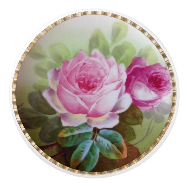 Hand Painted China Look Pink Roses Floral Antique Ceramic Knob (Front)