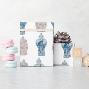 Hand Painted Chinoiserie Blue Ginger Jar Wrapping  Paper