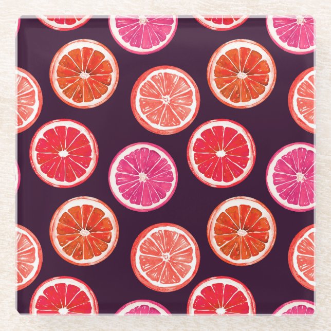 Hand Painted Citrus Dark Pattern Glass Coaster (Front)